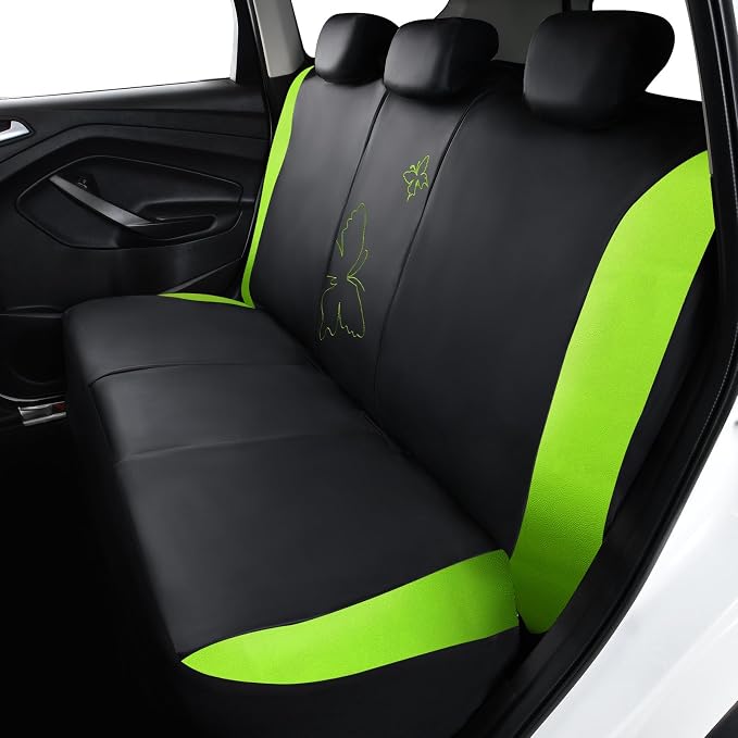 Flying Banner Butterfly car seat Covers ful Set Fashion Universal Lady Woman Female Rear Bench Split Colorized (Full Set - Faux Leather, Fluorescent Green)