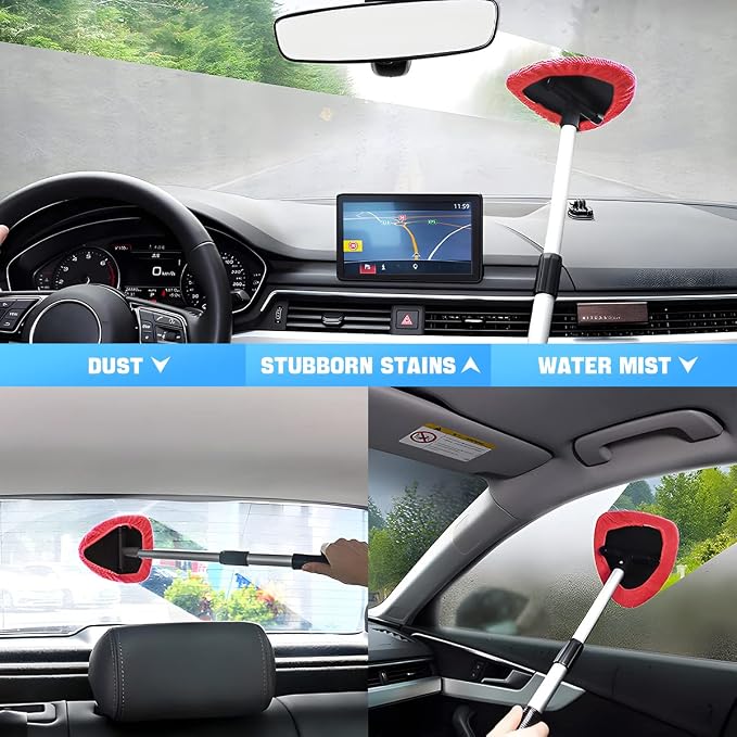 Windshield Cleaning Tool, Car Window Cleaner with Extendable Long Handle and 4 Washable Reusable Microfiber Pads, Auto Interior Exterior Glass Wiper Cleaning Kit Universal for Office and Home (Red)