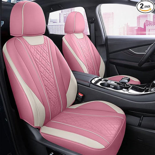 SanQing Car Seat Covers Front Seats, Super Luxurious Heavy Universal Duty Waterproof Leather Automotive Vehicle Cover for Cars SUV Pick-up Truck, Non-Slip Seat Pink Car Accessories (2 PCS Front/Pink)