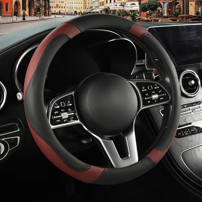 Microfiber Leather Steering Wheel Cover, Breathable, Anti Slip, Universal 15 inch, Black with Burgundy