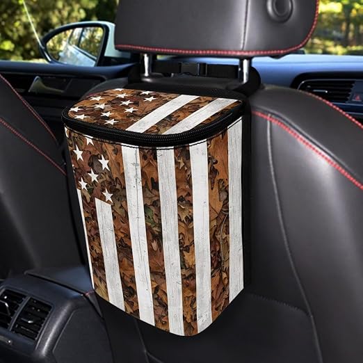 Talayituse American Flag Hunting Camo Print Car Trash Can Portable Auto Garbage Bin Multifunctional Vehicle Interior Accessories with Adjustable Straps 4th of July Decor Universal Fit Truck SUV Sedan