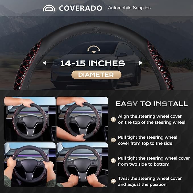 Coverado Nappa Leather Steering Wheel Cover Universal 14-15 Inch Anti-Slip Breathable Steering Wheel Protector Luxury Auto Decor for Men Women Redline