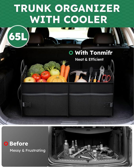 2-Compartment Trunk Organizer & Multi-Compartment Storage Box 600D Waterproof Oxford, with Reflective Strips and 8 Side Mesh Pockets for SUV, Sedan, Minivan- Heavy-Duty Car Organiser(65L)