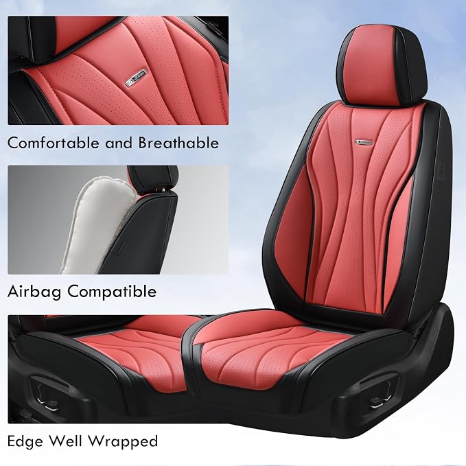 Coverado Front Seat Covers, 2 Pack Leather Seat Cover for Cars, Waterproof Seat Covers, Front Seat Car Seat Protectors, Driver Car Seat Cushions Universal Fit for Most Vehicles, Black&Red