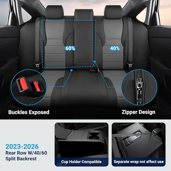 Custom for Honda Accord Seat Covers 2023 2024 2025 2026 EX,SE,EX-L,Sport-L,Touring & 2023-2026 (Hybrid) Sport,Touring,EXL,Sport-L, (Rear Row W/40/60 Split Backrest) - Black Grey