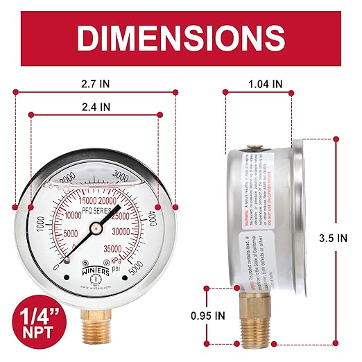 Winters 2-1/2" Dial Size, Liquid Filled Industrial Pressure Gauge, Brass Internals, Stainless Steel Case, Dual Scale 0-5,000 psi/kPa, 1.5% Acc, 1/4" NPT Bottom Mount, Glycerin Filled Pressure Gauge
