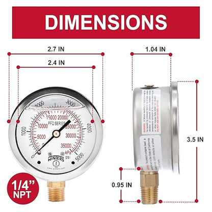 Winters 2-1/2" Dial Size, Liquid Filled Industrial Pressure Gauge, Brass Internals, Stainless Steel Case, Dual Scale 0-5,000 psi/kPa, 1.5% Acc, 1/4" NPT Bottom Mount, Glycerin Filled Pressure Gauge