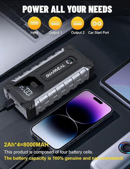 Sharmeal Car Battery Jump Starter 6000A, Car Jumper Starter Battery Pack for Up to All Gas & 10.0L Diesel Engines, 12V Portable Jump Box with 3 Modes Flashlight and Jumper Cable