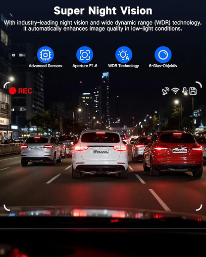 3 Channel 4K Dash Cam, Dash Cam Front and Rear Inside 170°/150°/150° Wide Angle View, Dash Camera for Cars with 64GB Card Included, Loop Recording, Night Vision, G-Sensor, 5GHz WiFi, 24Hr Parking