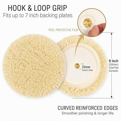 Woolous Wool Buffing Pad 8 inch Single Sided Polishing 100% Twisted Lamb Wool Polishing Buffing Compound Pad Wheel Bonnet with Hook and Loop for Auto Car Detailing | 100% lamb wool pad for polishing, cutting, compounding and buffing cars, boats, trucks...