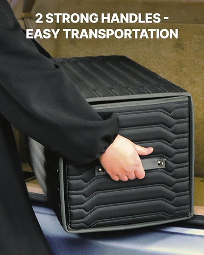 Owleys Trunk Storage 17.7" Collapsible Crate For Groceries, Tools & Travel Gear - Eco-Leather Car Organizer With Magnetic Lid - Practical Birthday Gift For Men (Highway 17)