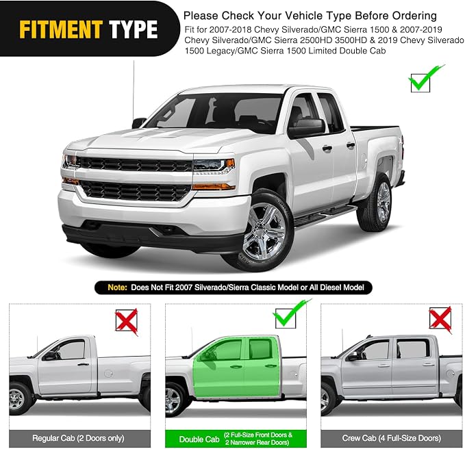 Nilight Running Boards for 2007-2018 Chevy Silverado/GMC Sierra 1500 Double Extended Cab 2007-2019 Chevy Silverado/GMC Sierra 2500HD 3500HD 6 Inch Stainless Steel Side Step Nerf Bars
