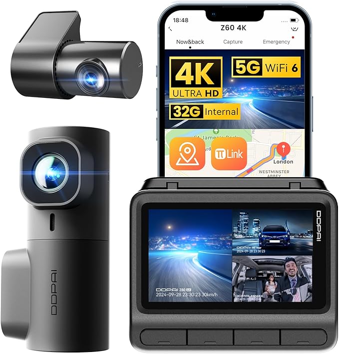 DDPAI 3 Channel Dash Cam Front and Rear, 4K+2K+1080P Triple Dashcam for Cars with Dual 32G eMMC Storage Car Camera Dashcam, GPS,WiFi 6,3" IPS, AI ISP Night Vision,7 Days Parking Mode,Z60 πlink