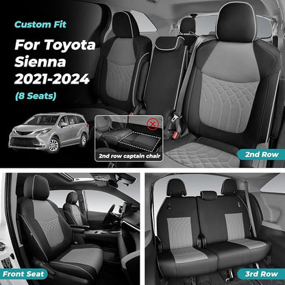 Customized for Toyota Sienna Seat Covers 2021-2026 Sienna 8 Seats 3 Row, Leather Car Seat Covers Waterproof Seat Covers Full Set for Cars, Car Seat Protectors, Airbag Compatible(BlackGrey)