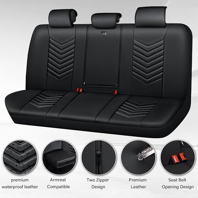 CAR PASS 3D Foam Luxury Leather Back Bench Leather Seat Covers,Waterpoof Faux Leather Rear Seat Cover Universal Fit for Cars Sedans SUVs Vans Trucks 95% Automotive Backseat, (Rear,Black)