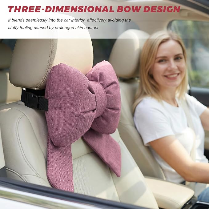 Cute Bow Car Headrest Pillow, Soft Comfortable Bow Auto Seat Pillow with Adjustable Strap, Breathable Ergonomic Neck Support Cushion Bowtie Decoration for Most Vehicles (Pink)