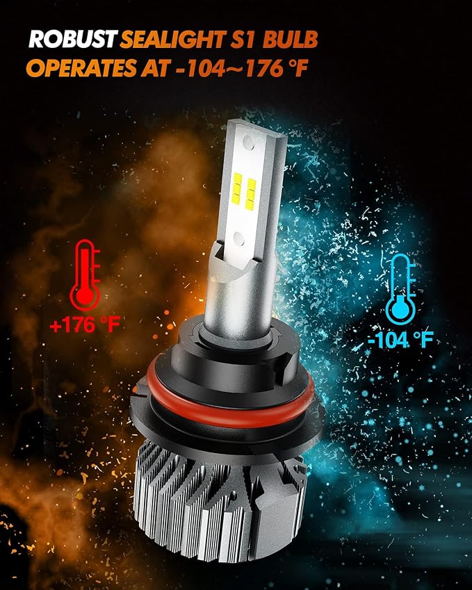 SEALIGHT 9007 Fog Light Bulbs, 64000LM 6000K Cool White, Real 1:1 Size 3 Min Plug-N-Play, No Noise Fanless 7055 Aluminum Alloy Self-Cooling Design, IP67 HB5 Bulbs Box of 2