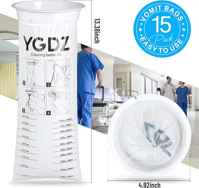 YGDZ Vomit Bags, 15 Pack Vomit Bags Disposable, 1000ml Barf Bags, Leak Resistant Throw Up, Portable Emesis Bags Puke Nausea Bags for Travel Motion Sickness, Car & Aircraft, Taxi, Kids, Women, White