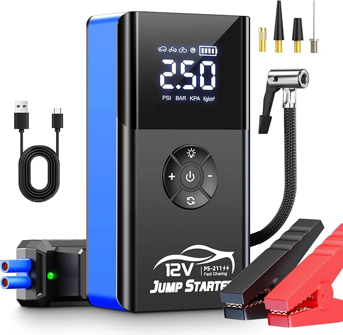 Jump Starter with Air Compressor, 8000A 180PSI, Portable Car Battery Jump Starter (All Gas/12L Diesel) 12V Automobile Jump Box Pack Chargers with Jumper Cables, 4-Mode LED Lights