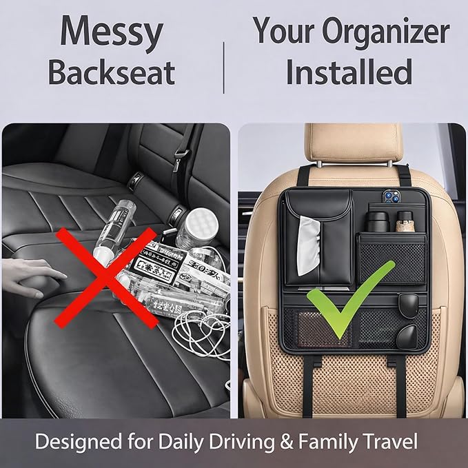 Backseat Car Organizer for Kids and Family Travel, Seat Protector with 5 Storage Pockets, Holds Snacks Drinks Toys, Easy Install for Car SUV Truck, Waterproof Organizer