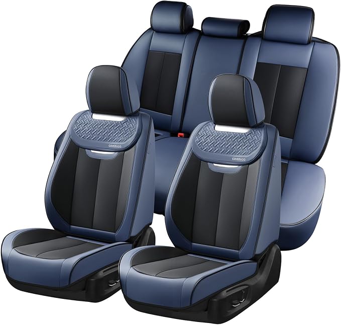 Coverado Front and Back Seat Covers for Cars, Nappa Leather Car Seat Covers Full Set, Waterproof Carseat Protector Seat Cushion, Luxury Automotive Seat Covers Universal Fit for Most Cars(Blue&Black)