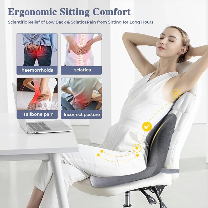 Car Seat Cushion, Memory Foam Driving Cushion with Adjustable Strap, Ergonomic Pad for Car & Semi Truck, Office Chair Cushion for Sciatica & Lower Back Pain Relief, Light Gray