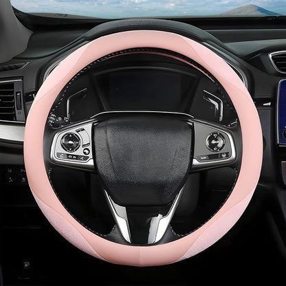 Steering Wheel Cover for Women and Men, Carbon Fiber Plush Steering Wheel Cover Soft Anti-Slip Comforting, Universal 15 Inches Steering Wheels Accessories (Deep Pink)