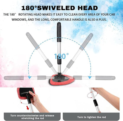 Windshield Cleaning Tool, Car Window Cleaner with Extendable Handle, 4 Microfiber Pads and Spray Bottle, Auto Interior Exterior Glass Wiper Cleaning Kit Universal for RV, SUV, Truck (Red)