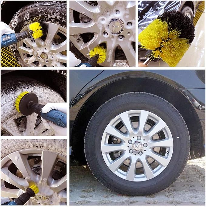 [3 Pack] Auto Detailing Drill Brush Set, Wheel Cleaner Brush, Car Cleaner Wash Brush Supplies Kit Fit Tire, Car Mats, Floor Mat, Bathroom and Auto Power Scrubber Brush Cleaning Sets
