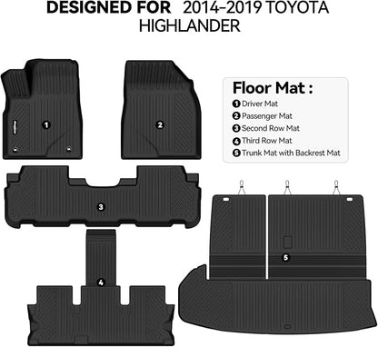 Floor Mats for 2014-2019 Toyota Highlander, Trunk Mat with Backrest Mat and 2nd Backrest Mat All Weather TPE Protector for Toyota Highlander Accessories