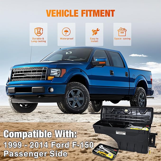 Nilight Truck Bed Tool Box Right Passenger Side Truck Tool Box Fit for Ford F-150 1999-2014 ABS Swing Case Truck Bed Storage Box with Lockable Lid Waterproof Wheel Well Toolbox Black