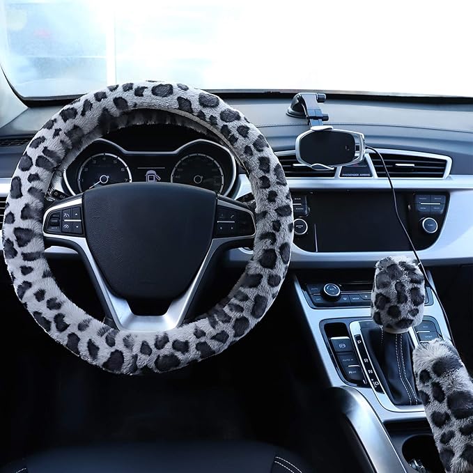 Fuzzy Steering Wheel Cover for Women Girls, Accmor Universal Fit Fur Car Wheel Cover & Handbrake Cover & Gear Shift Cover Set, Leopard Winter Warm Fluffy Vehicle Wheel Protector for Auto, SUV