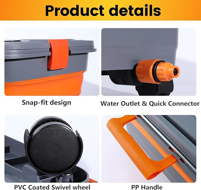 Collapsible Bucket 5.8 Gallon for Car Washing with Wheels, Drain Plug, Universal Connectors for Cordless Pressure Washer, Foldable Car Wash Bucket for Car,Mop Cleaning, Camping, RV, Pet Bath