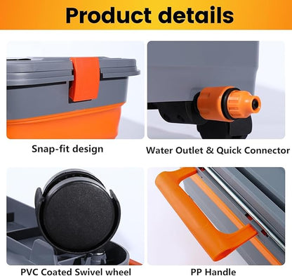 Collapsible Bucket 5.8 Gallon for Car Washing with Wheels, Drain Plug, Universal Connectors for Cordless Pressure Washer, Foldable Car Wash Bucket for Car,Mop Cleaning, Camping, RV, Pet Bath
