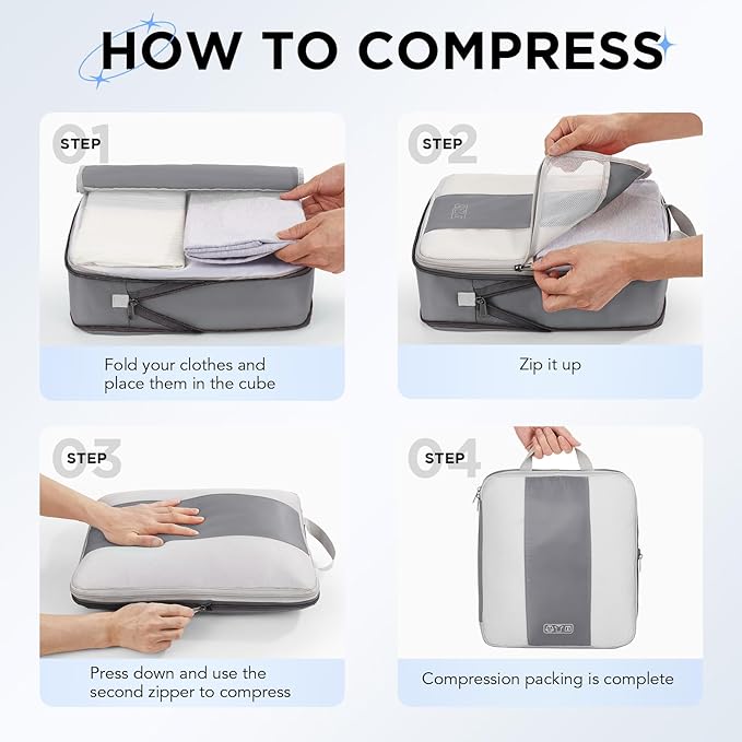 OlarHike 10-Pack Compression Packing Cubes for Travel Essentials,Compressible Expandable Packing Cubes for Suitcase,Luggage Garment Bags for Travel,Handy Helper for Organizing Clothes(Gray)