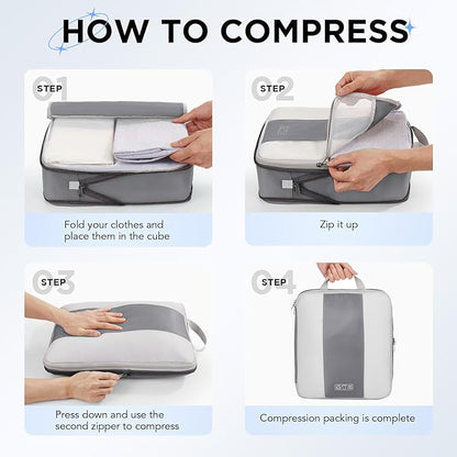 OlarHike 10-Pack Compression Packing Cubes for Travel Essentials,Compressible Expandable Packing Cubes for Suitcase,Luggage Garment Bags for Travel,Handy Helper for Organizing Clothes(Gray)