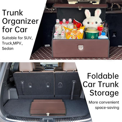 Trunk Organizer for Car With Lid,Foldable Trunk Organizer for SUVs & Sedans,Multi-Functional Leather Storage Box - Brown - Small