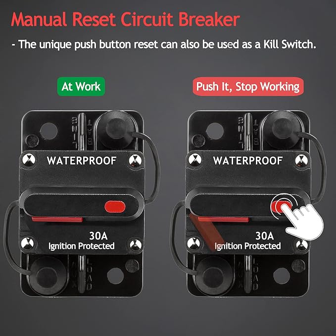 3 Pack 30 Amp Auto Car Stereo Audio Circuit Breaker Fuse 12-48VDC Manual Reset Button Switch Fuses, with Wire Lugs Copper Washer