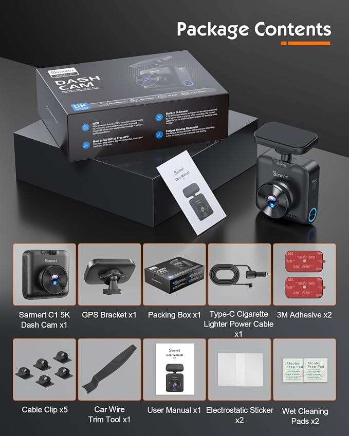 Sarmert C1 5K Dash Cam Front - Built-in GPS and 5G WiFi, Sony STARVIS Sensor, HDR Night Vision Car Camera, 5K/4K/2.5K UHD Dash Camera for Cars, Loop Recording, WDR, G-Sensor, 24H Parking Mode