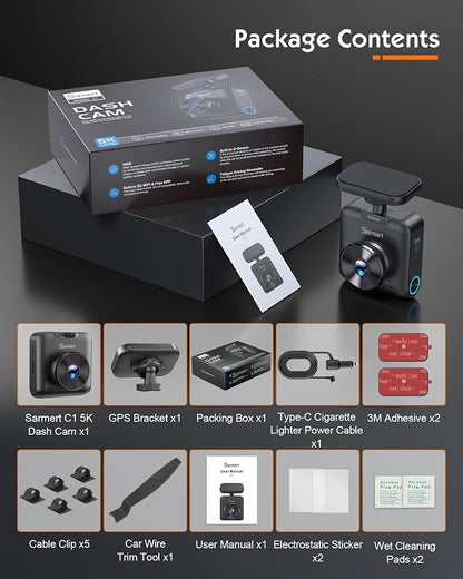 Sarmert C1 5K Dash Cam Front - Built-in GPS and 5G WiFi, Sony STARVIS Sensor, HDR Night Vision Car Camera, 5K/4K/2.5K UHD Dash Camera for Cars, Loop Recording, WDR, G-Sensor, 24H Parking Mode