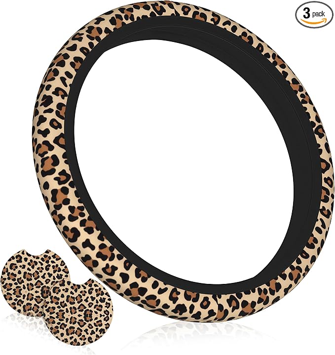 Leopard Cheetah Print Steering Wheel Cover 15 Inch + 2pc car Coasters | Universal Anti-Slip Breathable Animal Print Matching Set for Men Women