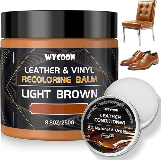 Leather Recoloring Balm with 100ml Mink Oil Conditioner | Light Brown Repair Kit, Dye & Color Restorer for Furniture, Sofa,Car Seats, Bags | Restore Faded & Scratched Surfaces