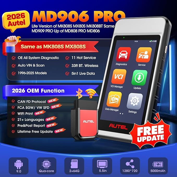 Autel MaxiDIAG MD906 PRO OBD2 Scanner, 2026 MD906PRO All System Diagnostic Scan Tool, Code Reader, 11 Reset Services, Oil/Brake/BMS/SAS/Injector, Free Lifetime Upgrade, Same MD909 PRO Lite of MK808S