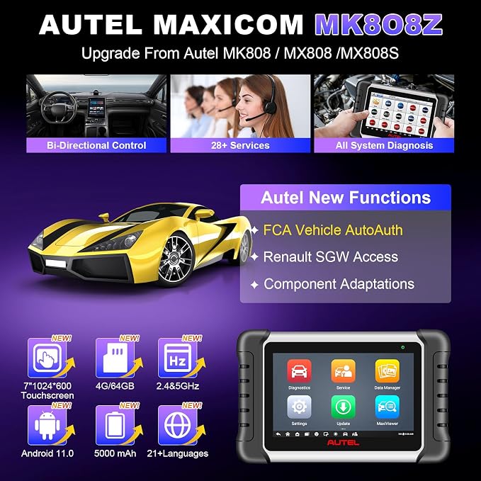 Autel Obd2 Scanner Diagnostic Tool MaxiCOM MK808Z: 2026 Bidirectional Scan Tool, 28+ Service, Active Tests Scanner for Car, All System OBD2 Diagnostics Car Scanner for DIY, Mechanic and Small Shops