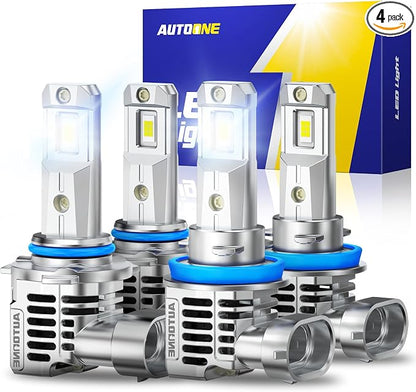 AUTOONE H11/H8/H9 9005/HB3 Light Bulbs Combo, 150,000LM Brightness, Canbus 1:1 Mini Size 6500K White IP68 Automotive Replacement