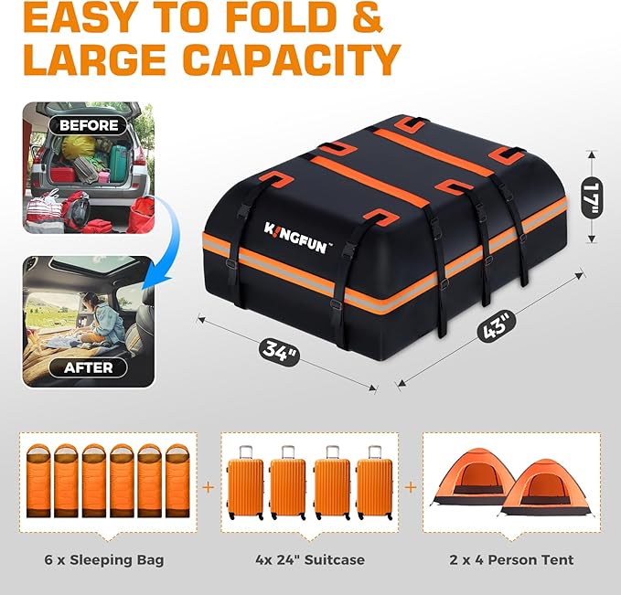 Kingfun Car Rooftop Cargo Carrier Bag, Waterproof 20 Cubic Feet Car Roof Luggage Carrier for All Vechicles with/Without Racks, Includes Anti-Slip Mat, 8 Reinforced Straps, 6 Door Hooks, Luggage Locks