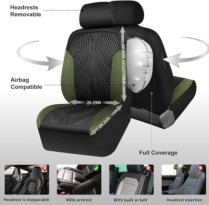 CAR PASS Waterproof Car Seat Covers Front Seats Covers Neoprene Wetsuit, All-Weather Non-Slip Durable,Universal Fit for SUV Sedans Trucks Vans Automotive,Armrest Airbag Compatible,Emboss 2 Black Green