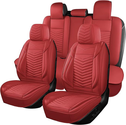 HChengkikz Nappa Leather Car Seat Covers Full Set, Red Car seat Protector 5 Seats, Waterproof Car Seat Cushion, Universal Automotive Seat Covers Fit for SUV Truck Pick-up Sedan, Front and Rear