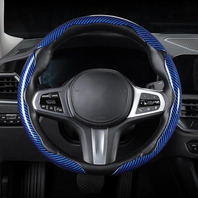 Carbon Fiber Steering Wheel Cover, Snap on Car Steering Wheel Cover Set Accessories 3pcs Wrap Grip Non Slip Protector Universal Glossy Blue