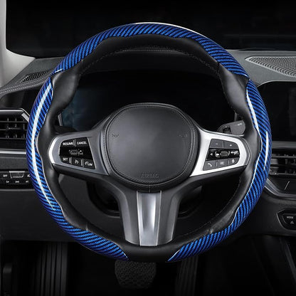 Carbon Fiber Steering Wheel Cover, Snap on Car Steering Wheel Cover Set Accessories 3pcs Wrap Grip Non Slip Protector Universal Glossy Blue